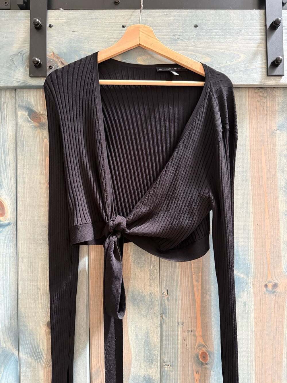 White House Black Market Black Ribbed Knit Wrap Crop Top Size XL